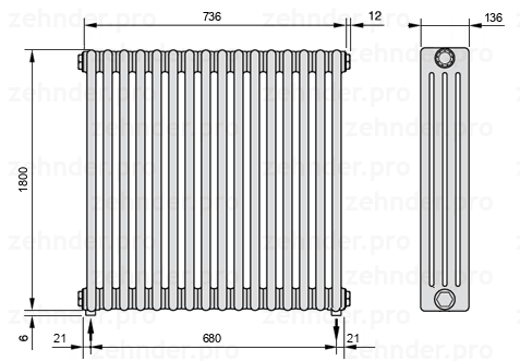 Схема (чертеж) Радиатор Zehnder Charleston 4180/16 №3570 Белый глянцевый RAL 9016
